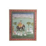 MUGHAL PRINCE RIDING ON AN ELEPHANT WITH HIS TWO SERVANTS, INDIA 19TH CENTURY