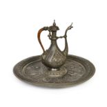 FINELY ENGRAVED ANTIQUE PEWTER EWER AND BASIN BY J. BRATEAU By Brateau, Jules (1844-1923)