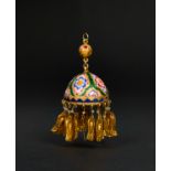 A QAJAR GOLD AND ENAMELLED PENDANT BELL-EARRING, PERSIA, 19TH CENTURY