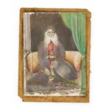 A PHOTOGRAPHIC & HAND PAINTED PICTURE OF A SEATED SHEIKH RESTING HIS TALWAR & DHAL