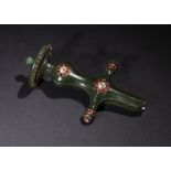 A RARE MUGHAL SPINACH JADE GEM SET TULWAR SWORD HILT, 18TH/19TH CENTURY