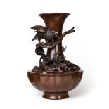 A LARGE BRONZE RAVEN OVERLOOKING IN THE TREES JAPANESE VASE, MEIJI PERIOD (1868-1912)