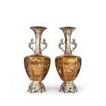 A MAGNIFICENT PAIR OF JAPANESE SHIBAYAMA SILVER & LACQUER VASES, MEIJI PERIOD (1868-1912)