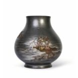 A LARGE JAPANESE MIX METAL VASE DEPICTING A WARRIOR ON A HORSE, MEIJI PERIOD (1868-1912)