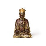 A LARGE CHINESE GILT WOOD LACQUER FIGURE OF A SEATED BUDDHA, MING DYNASTY (1368-1644)