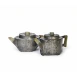 TWO CHINESE YIXING PEWTER & JADE ENCASED TEAPOTS 19TH CENTURY