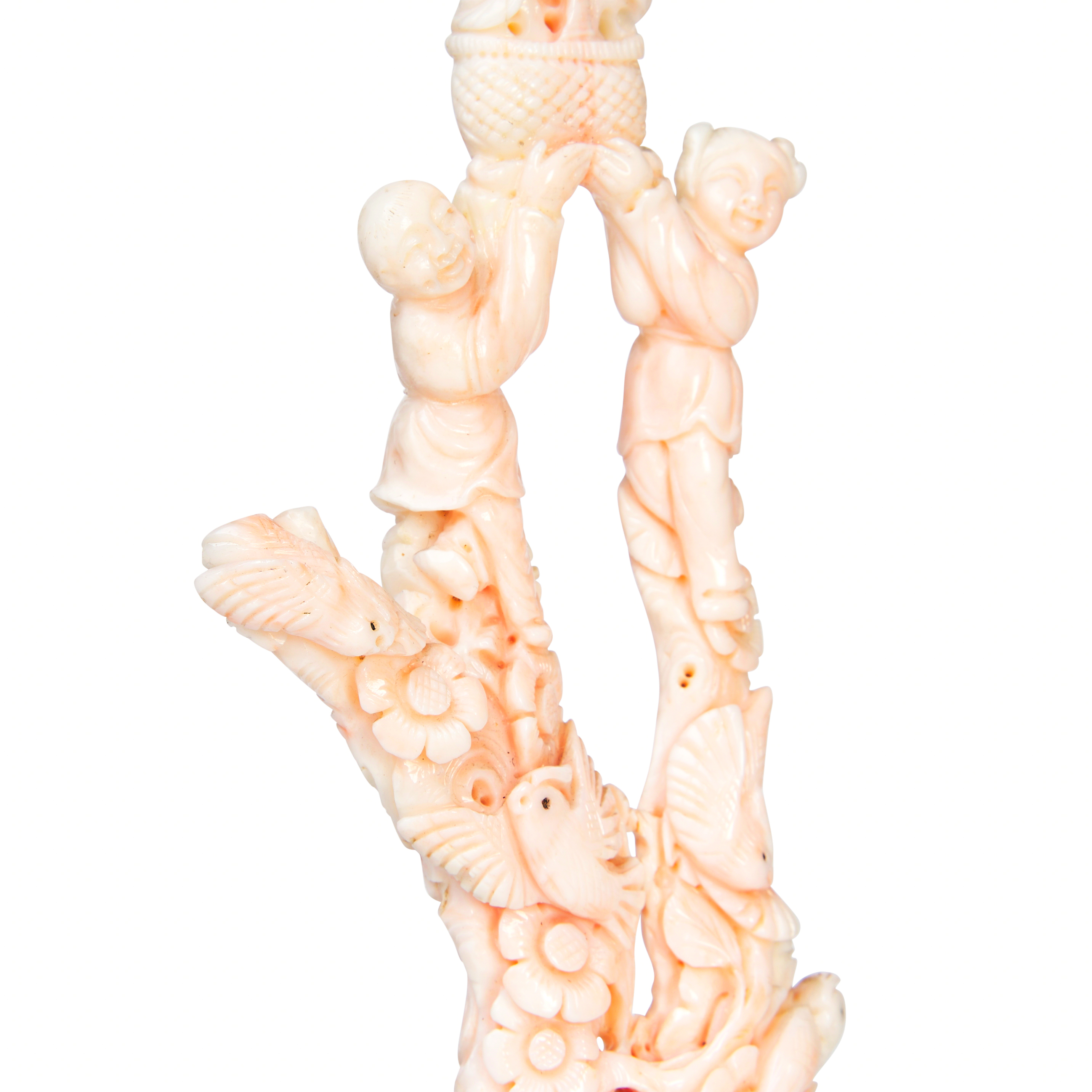 A RARE CHINESE PINK CORAL FIGURE DEPICTING BOYS ON A TREE WITH BIRDS, QING DYNASTY (1644-1911) - Image 2 of 4