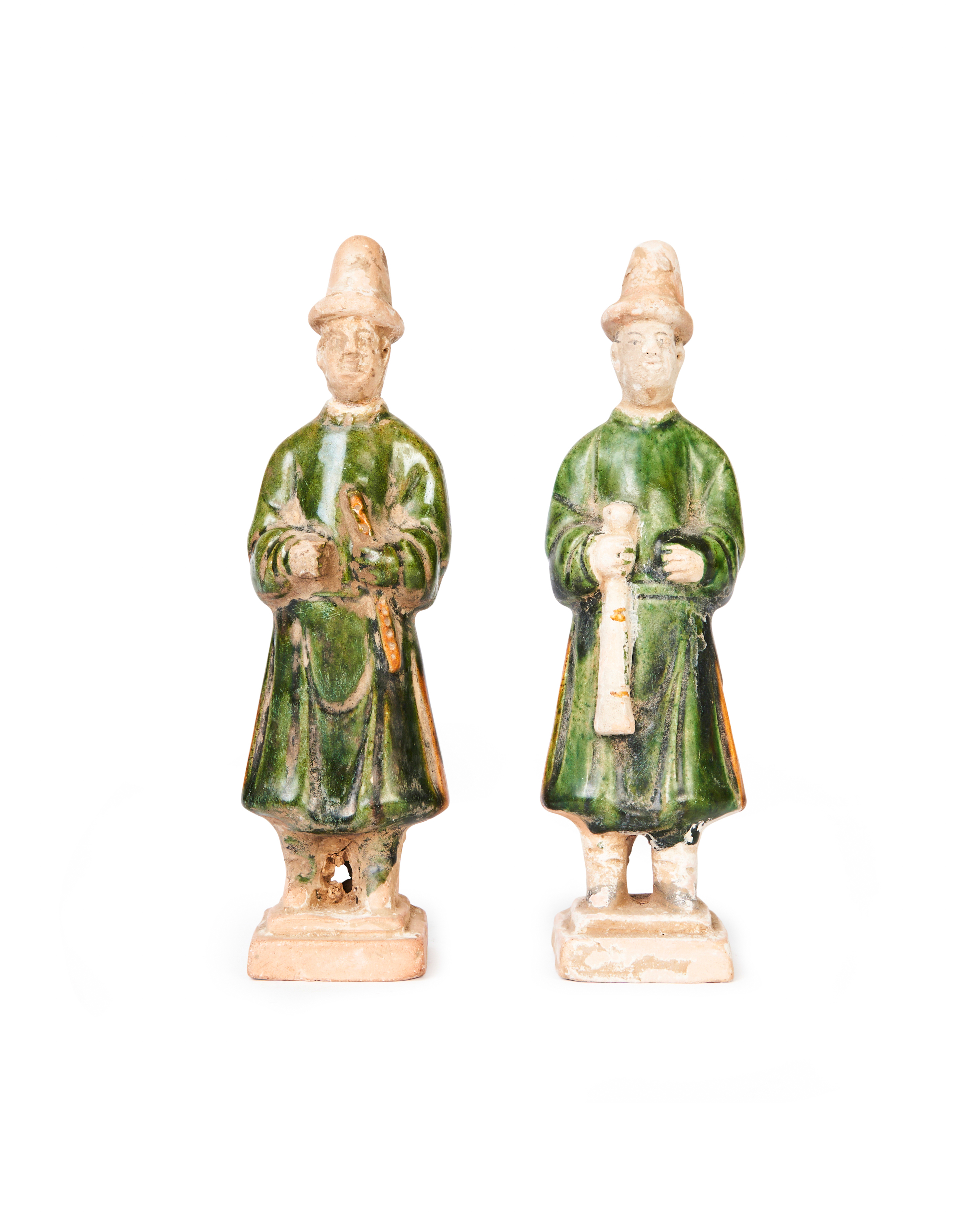 A PAIR OF CHINESE GLAZED POTTERY FIGURES OF ATTENDANTS, MING DYNASTY (1368-1644)