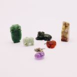 ASSORTMENT OF CHINESE JADE, AMBER, SOAPSTONE & AMETHYST FIGURES