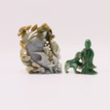 A CHINESE JADEITE FIGURE OF A FISH AND A BUDDHA WITH A FOO LION, QING DYNASTY (1644-1911)