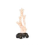 A RARE CHINESE PINK CORAL FIGURE DEPICTING BOYS ON A TREE WITH BIRDS, QING DYNASTY (1644-1911)