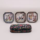 THREE CANTON ENAMEL SQUARE DISHES & A PEN CASE, QIANLONG PERIOD (1736-1795)