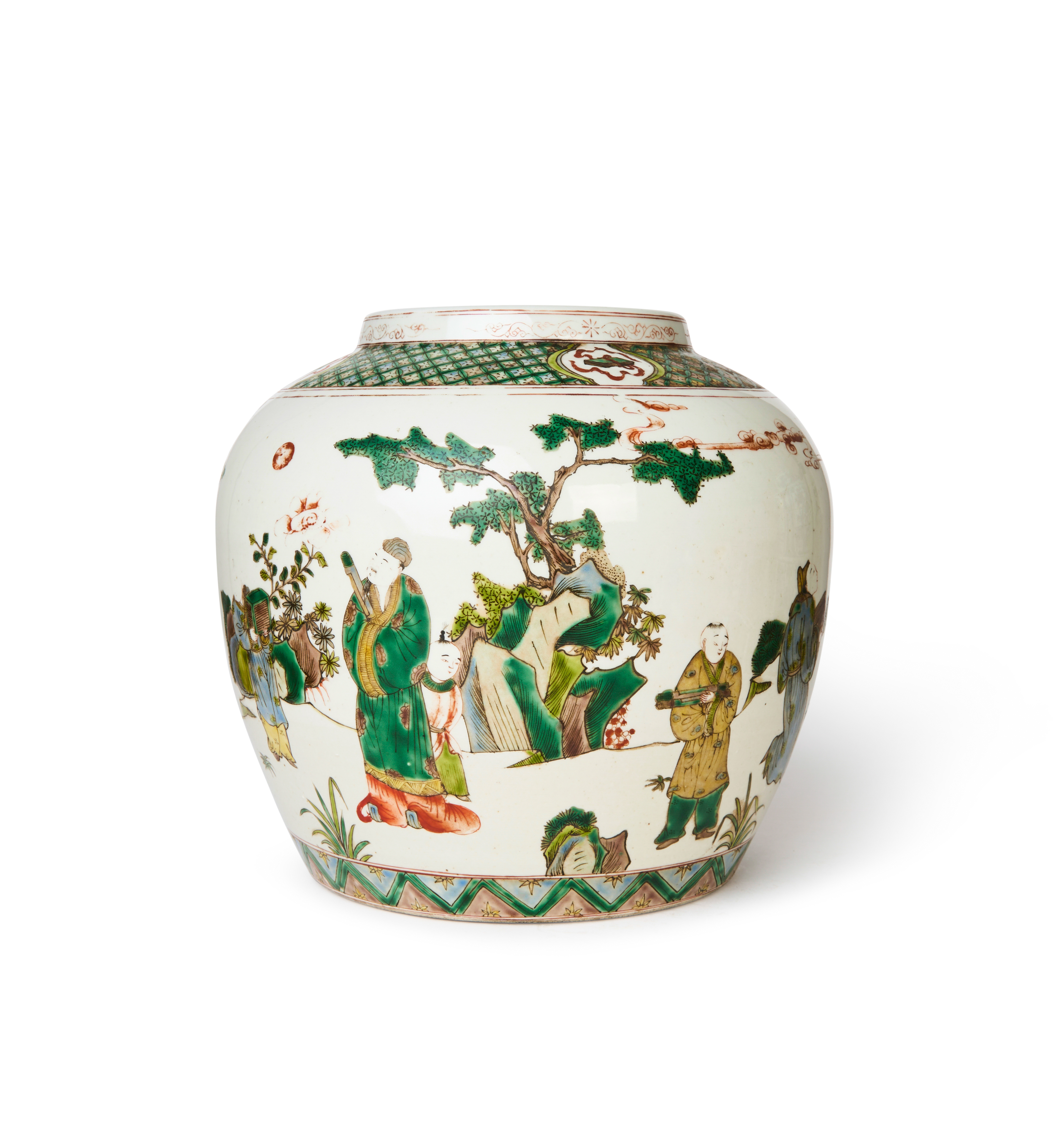 A LARGE CHINESE FAMILLE VERTE FIGURAL JAR, QING DYNASTY (1644-1911)