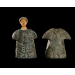 TWO BACTRIAN COMPOSOITE STONE SEATED PRINCESS' DECORATED WITH CARVED ANIMALS