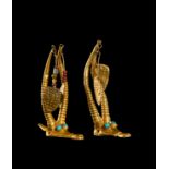 A PAIR OF GOLD & SEMI PRECIOUS STONE DECORATIVE ORNAMENTS, PROBABLY ANCIENT