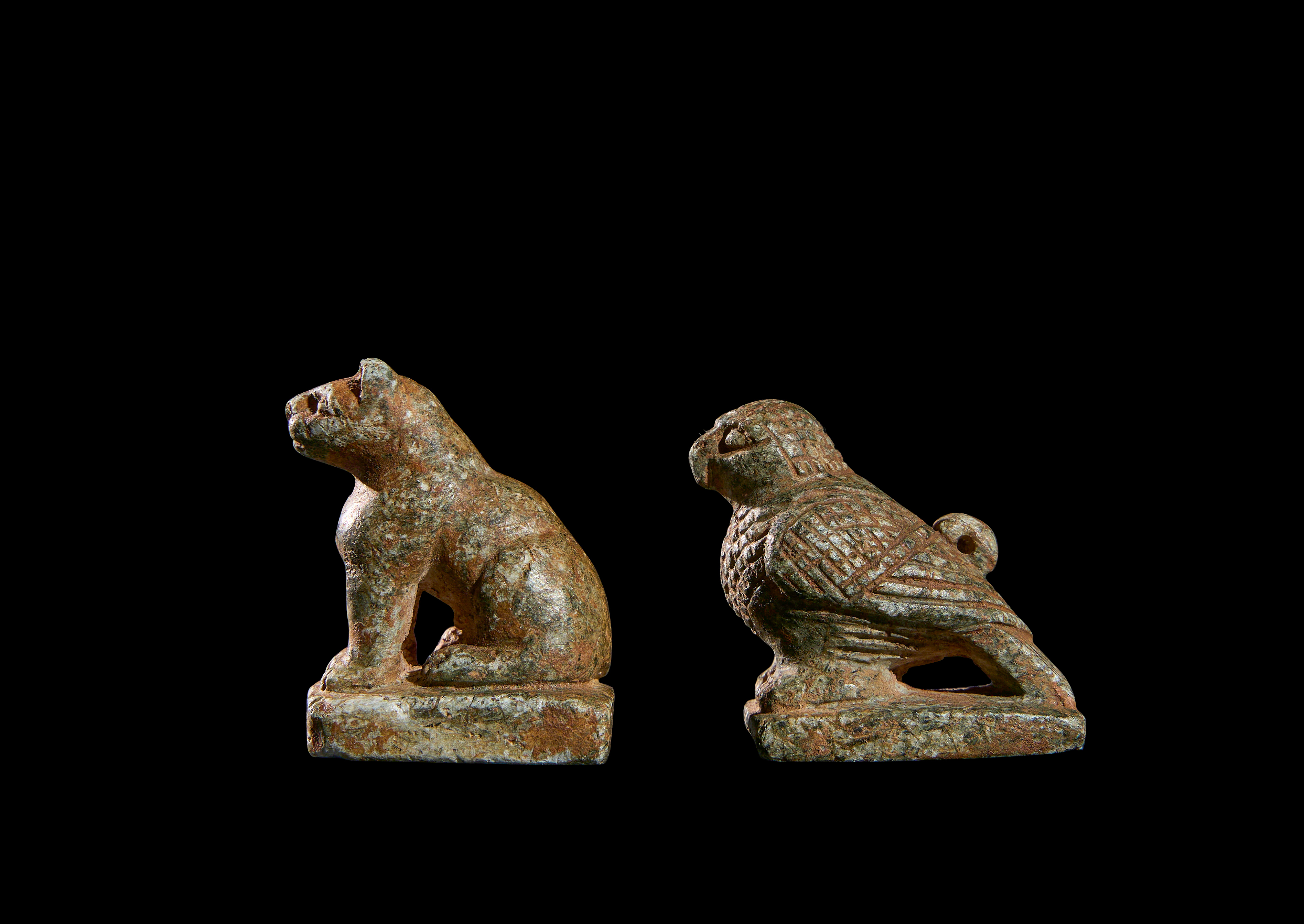 TWO CARVED STONE AMULETS OF A BIRD & FELINE, PROBABLY EGYPTIAN - Image 3 of 4