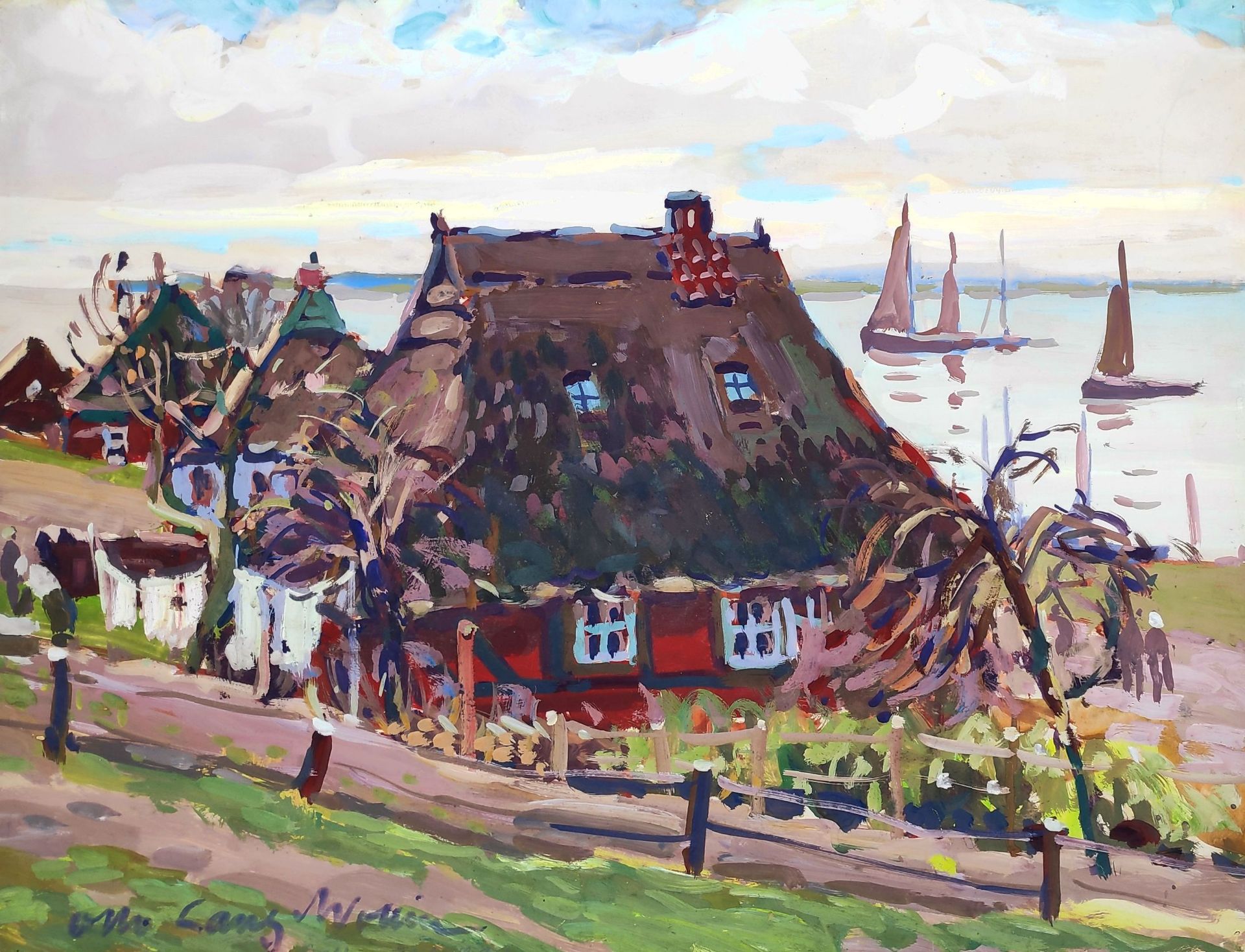 Lang-Wollin, Otto ((1881 Kassel – 1958 San Remo) „Fischersiedlung Gothmund an der Trave bei Lübeck“