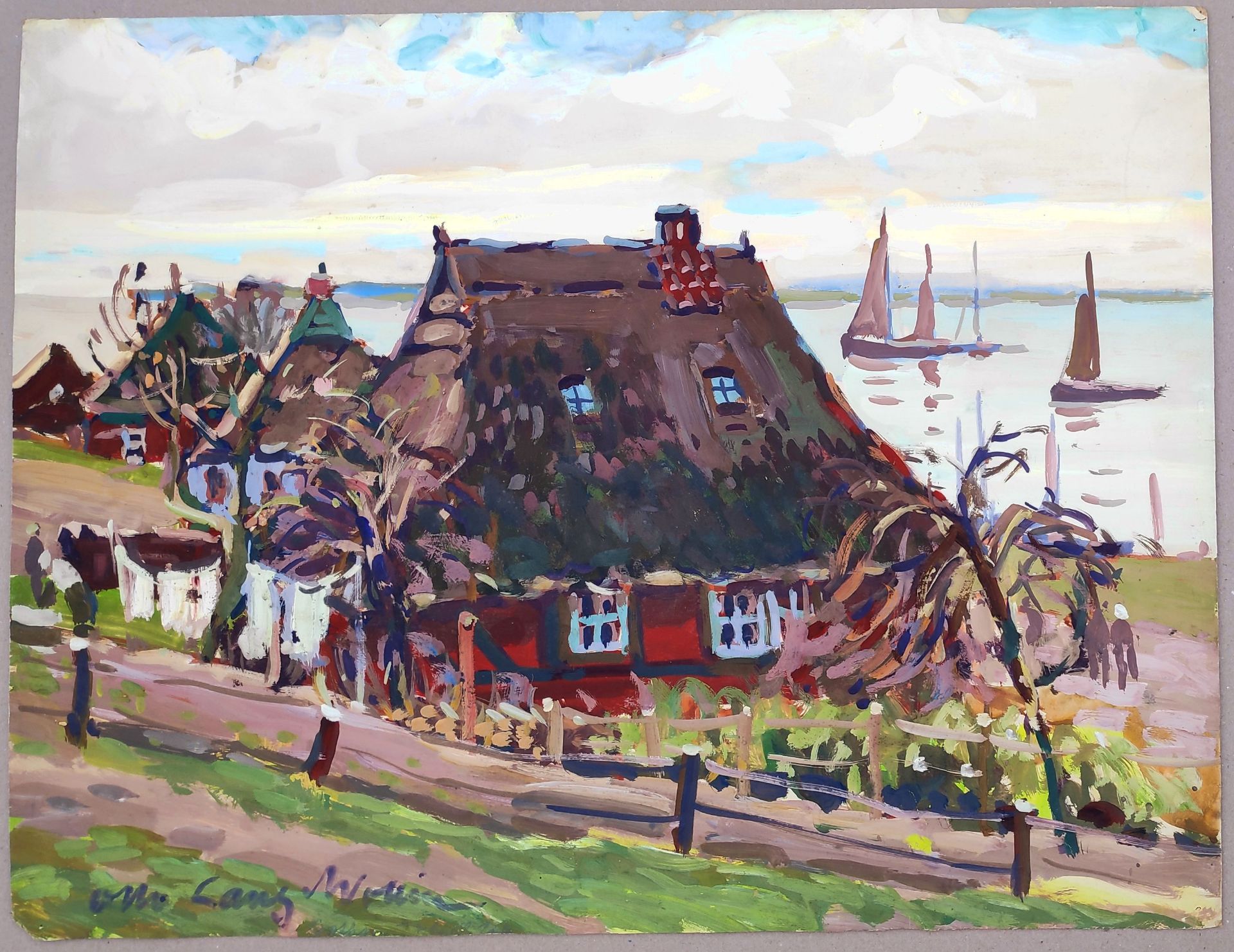 Lang-Wollin, Otto ((1881 Kassel – 1958 San Remo) „Fischersiedlung Gothmund an der Trave bei Lübeck“ - Bild 2 aus 3