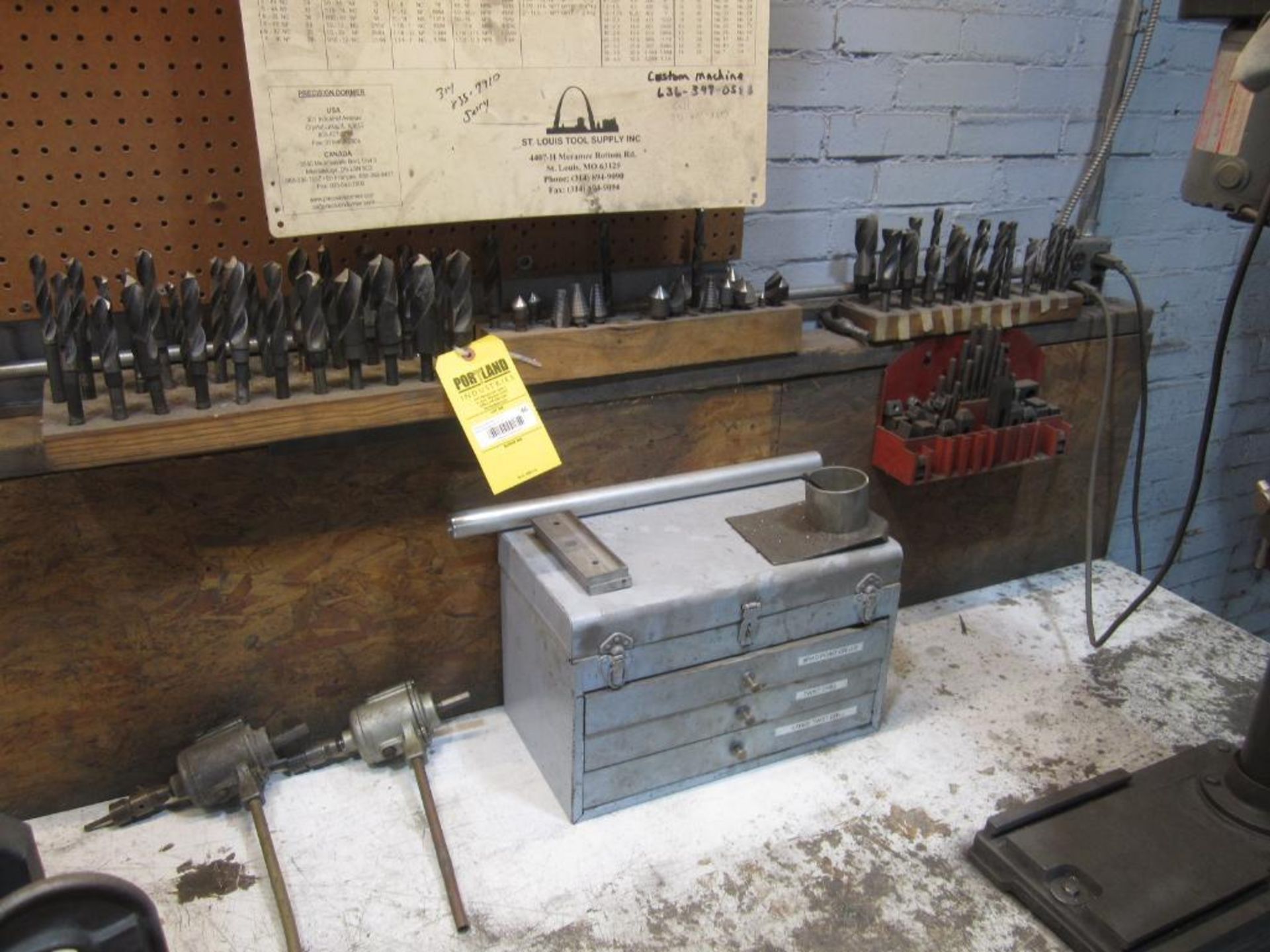 Lot of drill bits, tool box & misc items