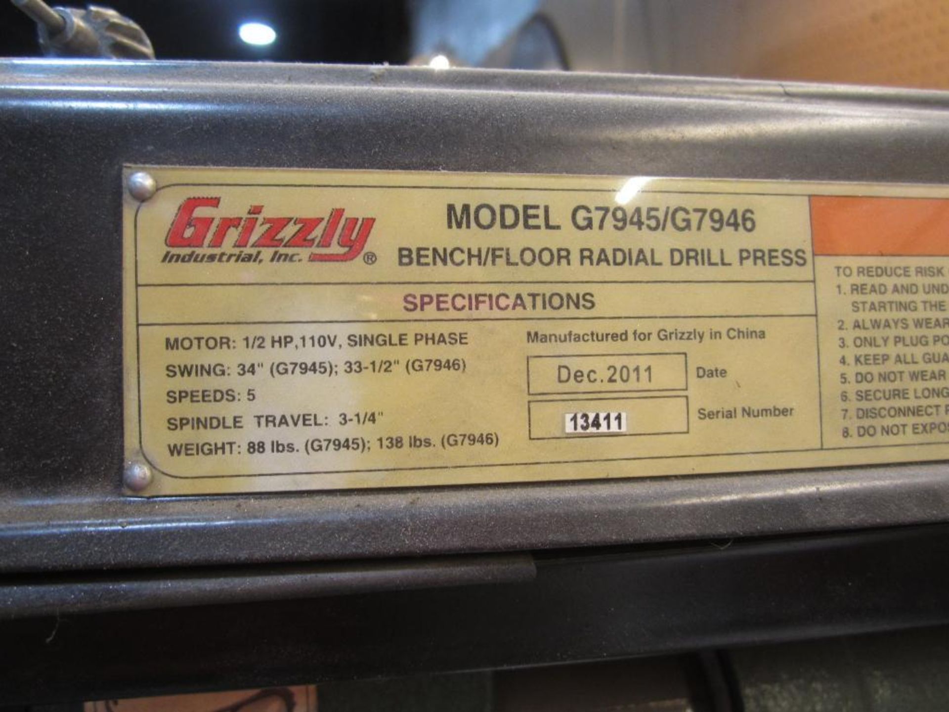 Grizzly work bench radial drill press - Image 4 of 5