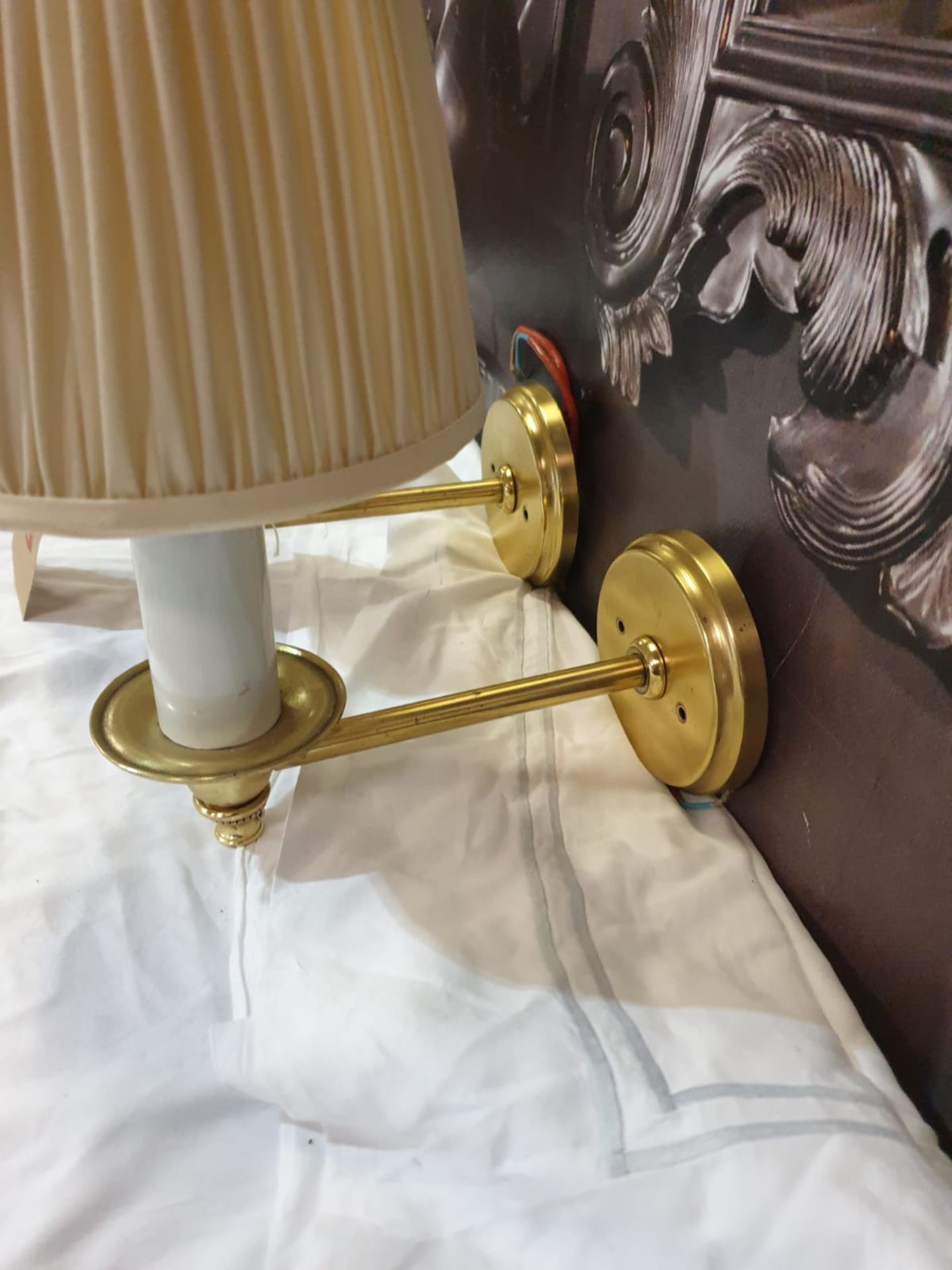 A set of 2 x brass wall sconces cream shade (SR259)