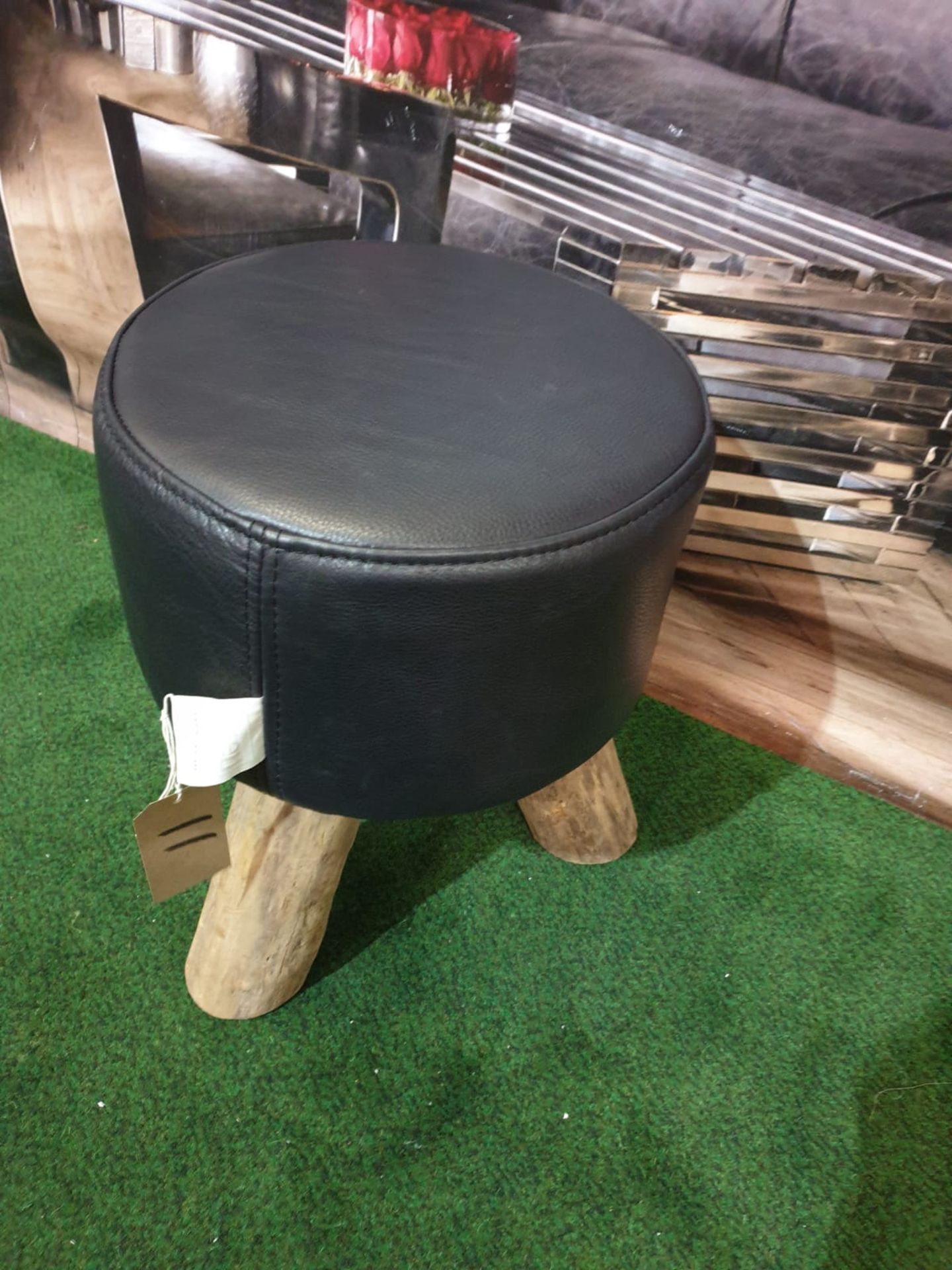 Bleu Nature F016 Mousse Driftwood and leather stool finished in Noir Black hide leather 380 x 380