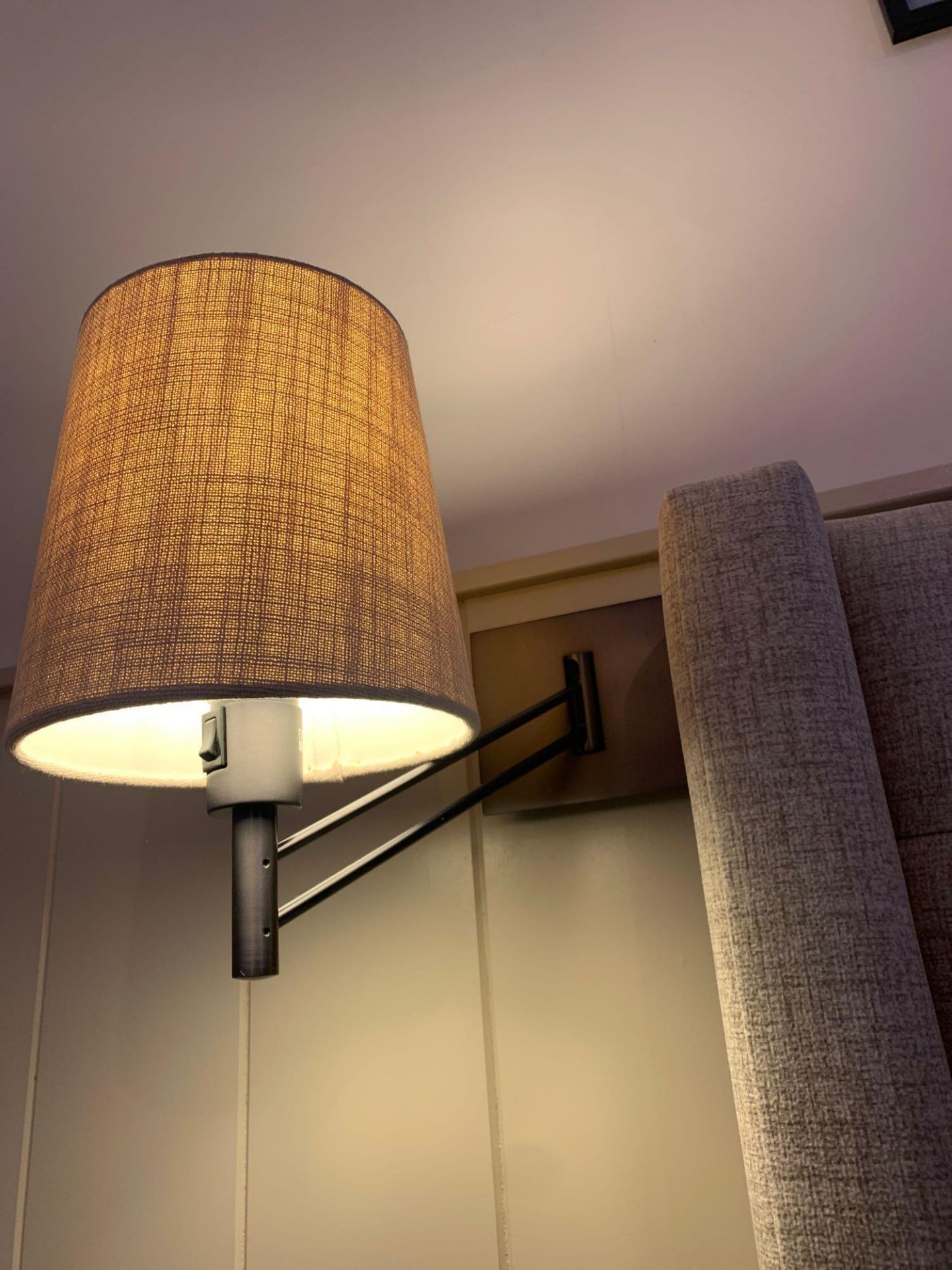 A pair of Chelsom Adjust Reading Wall Light black bronze with linen bone French drum shade model - Image 2 of 2