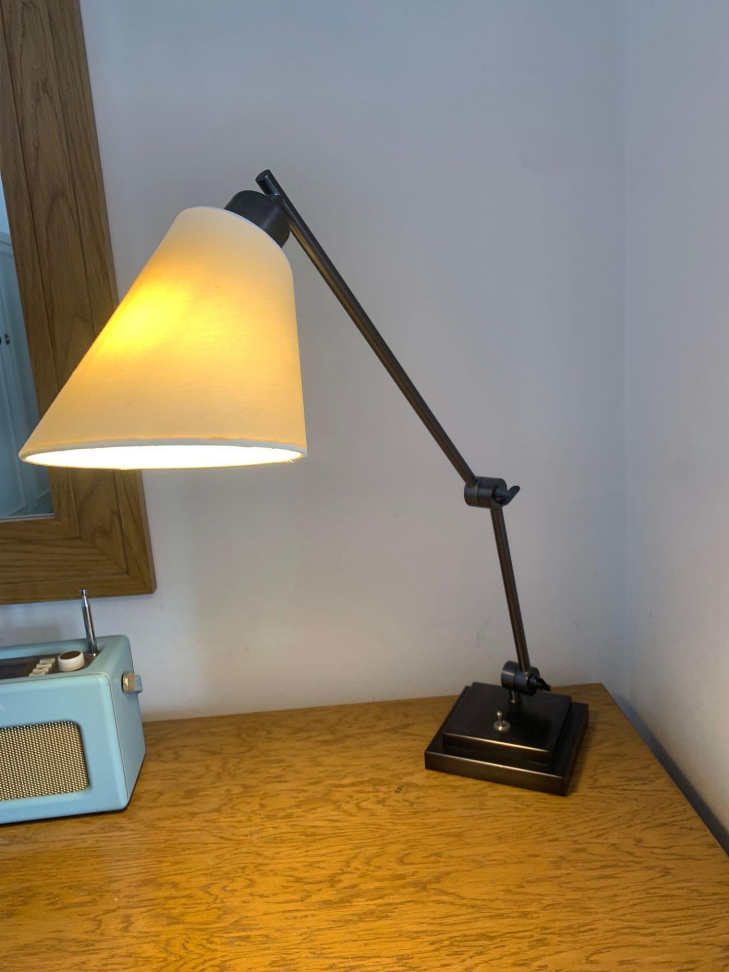 Chelsom desk study desk lamp with heavy stepped base and two toothed locking key swivel joints. base