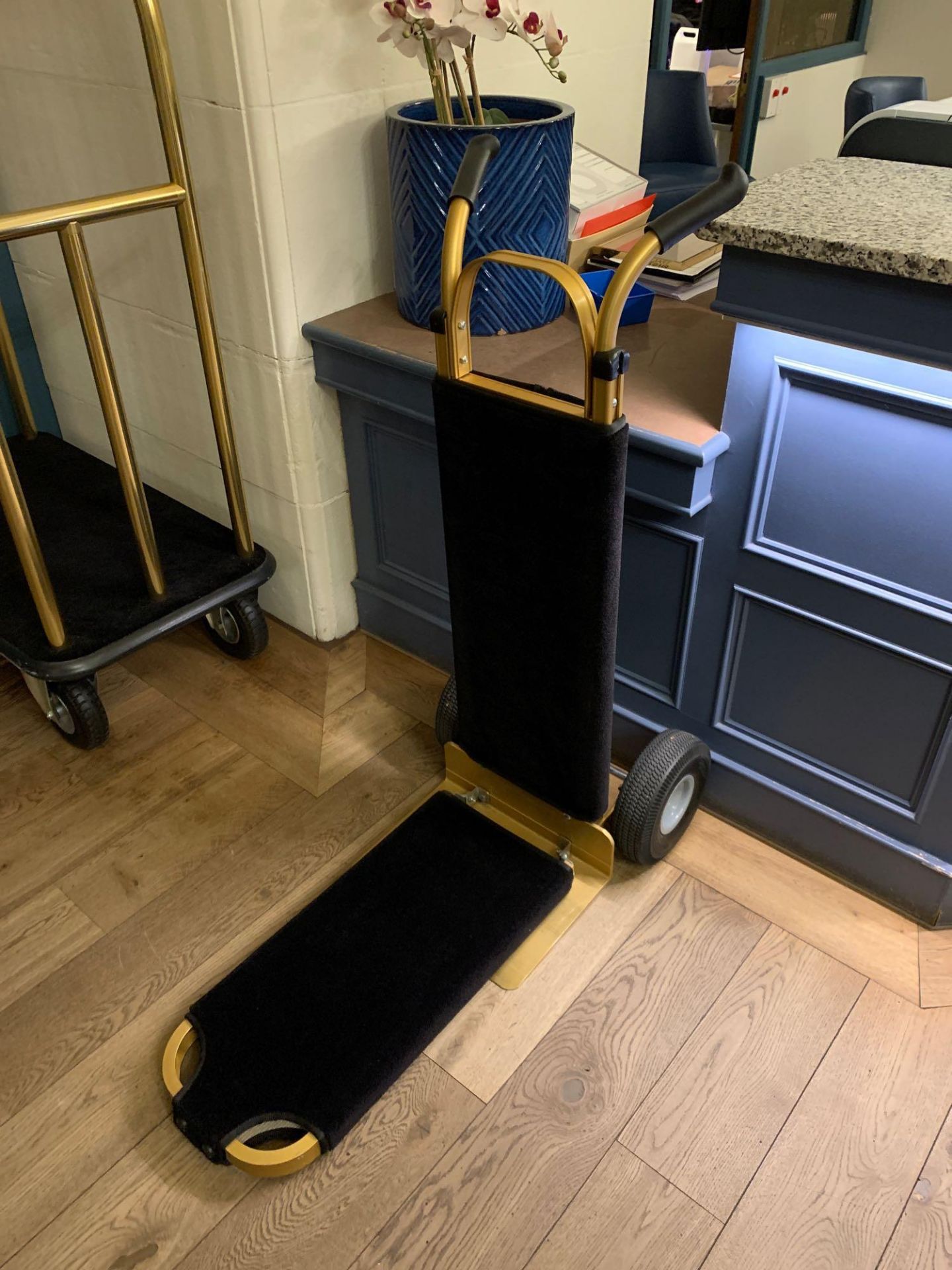 Brass plated porters hand luggage truck with carpet ( Reception / Tudor )