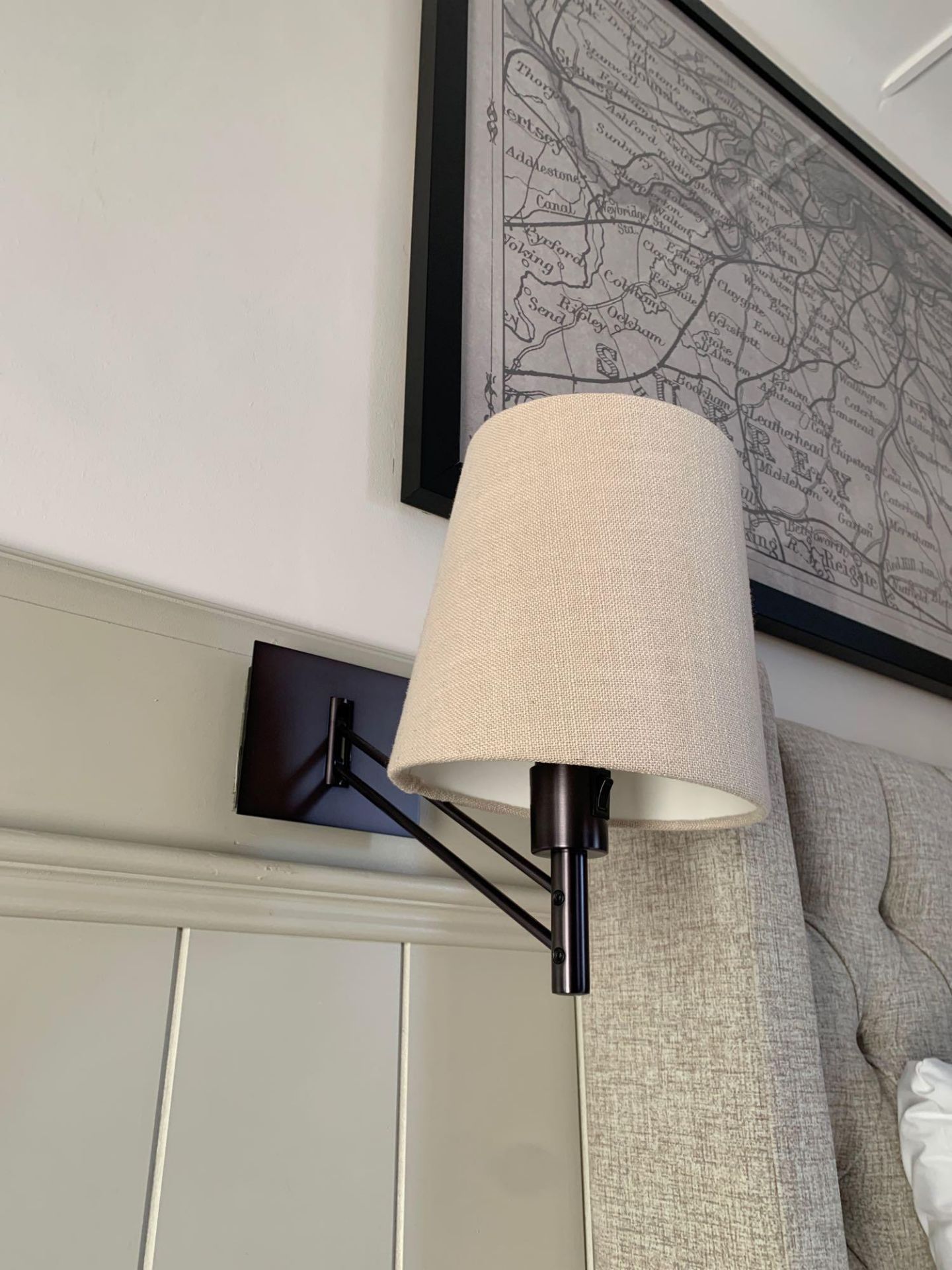 A pair of Chelsom Adjust Reading Wall Light black bronze with linen bone French drum shade model - Image 3 of 3