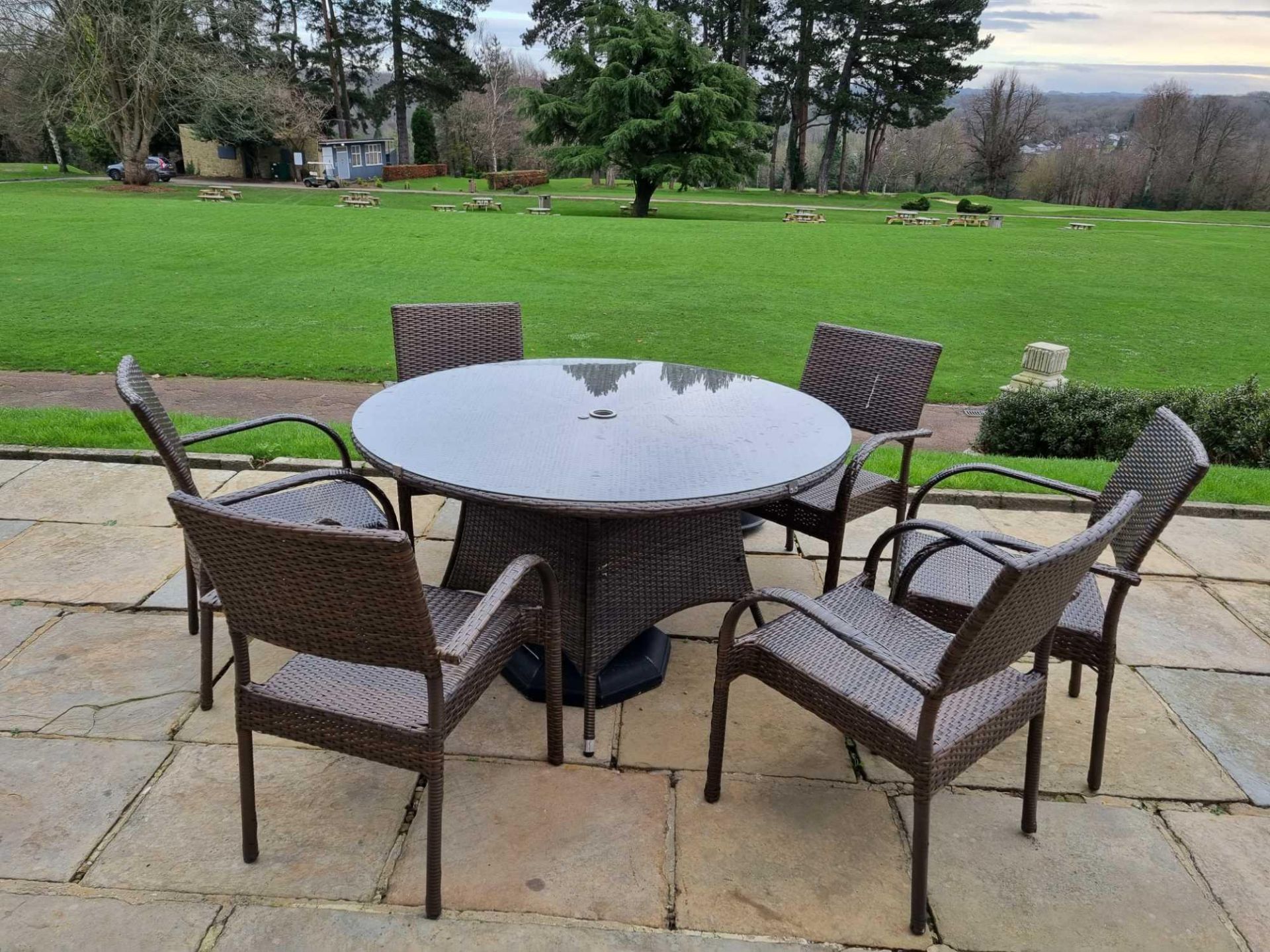 5 x rattan woven 133cm round gardent tables complete with 6 x chairs ( Garden )
