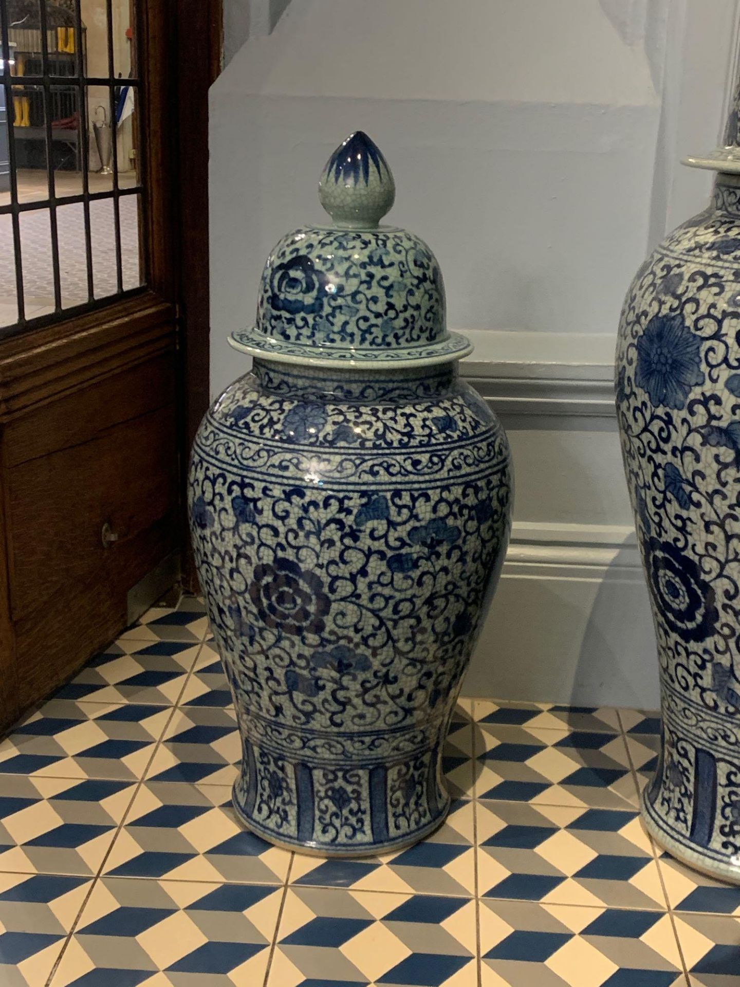 Coach House Large Blue and White Temple Jar with Lid 78cm ( Orangery )