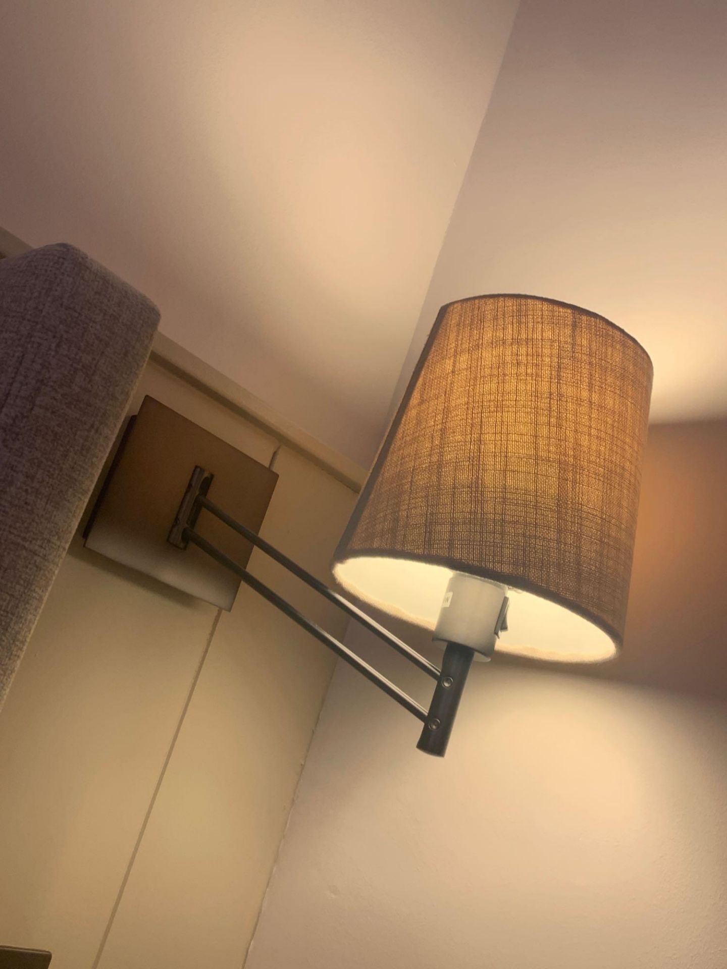 A pair of Chelsom Adjust Reading Wall Light black bronze with linen bone French drum shade model - Image 2 of 2