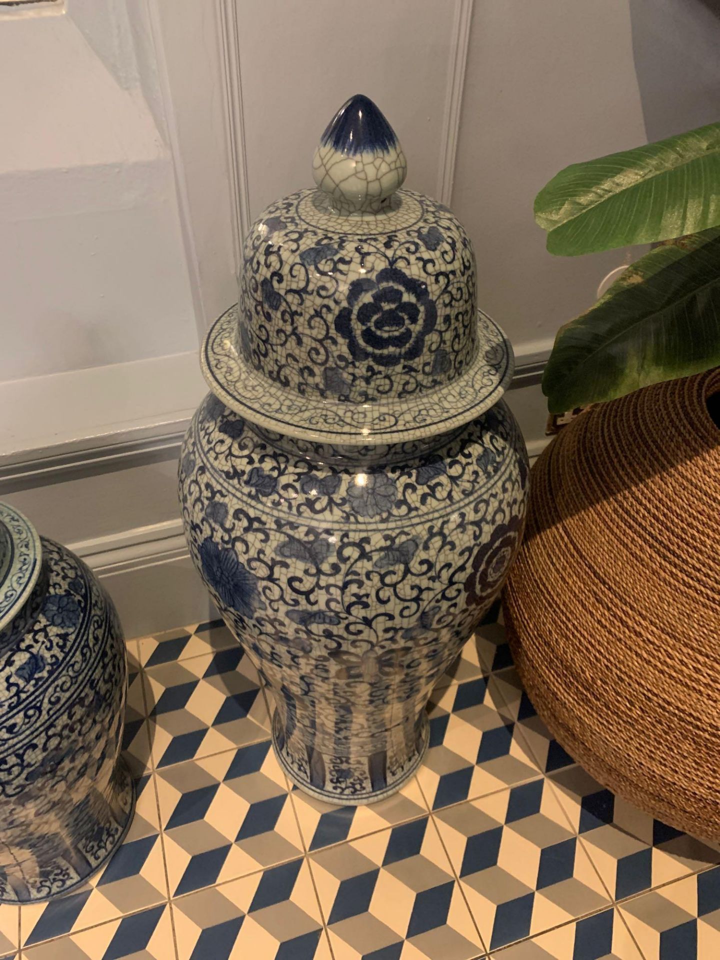 Coach House Large Blue and White Temple Jar with Lid 97cm ( Orangery )