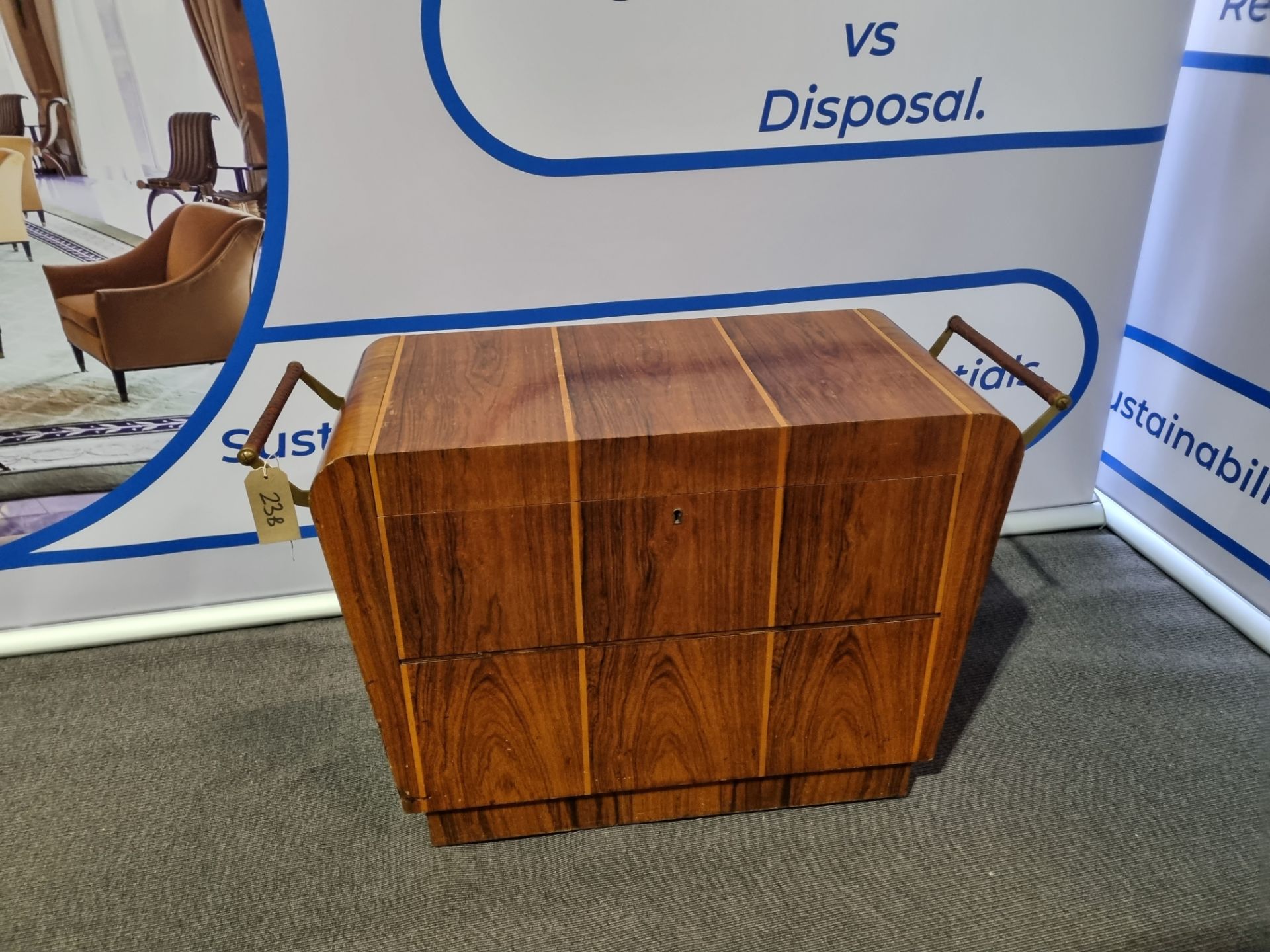 A flamed mahogany trolley with 4 small side drawers, 2 front drawers, lift up top brass and - Image 2 of 6