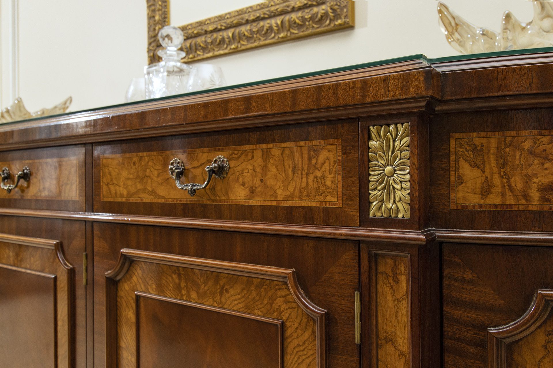 Charles Barr Fine Furniture Regal burr mahogany inlaid breakfront five door bow end sideboard with