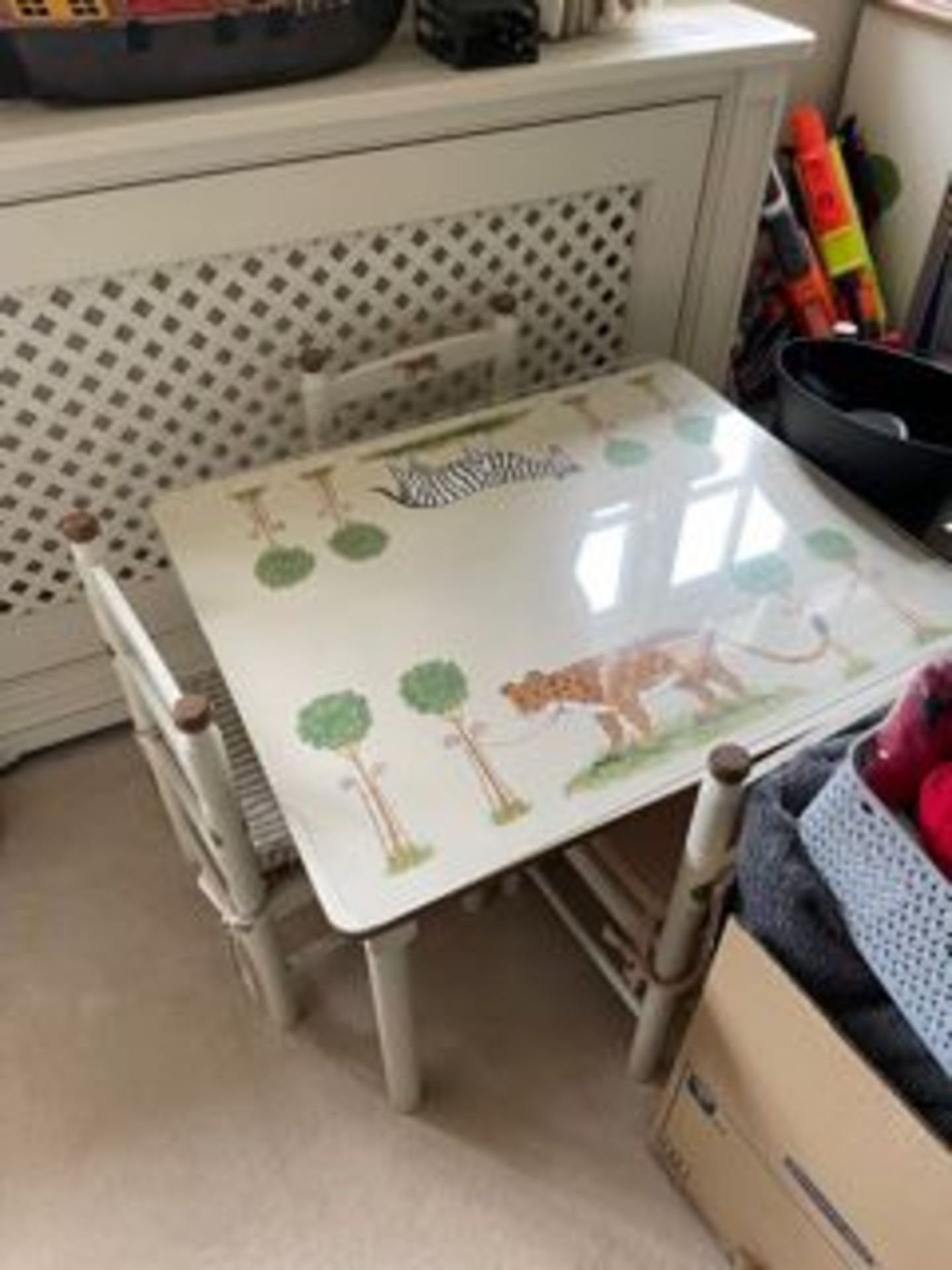 Dragons of Walton Street Play table complete with 4 x rush seat pad chairs Hand Painted Vintage