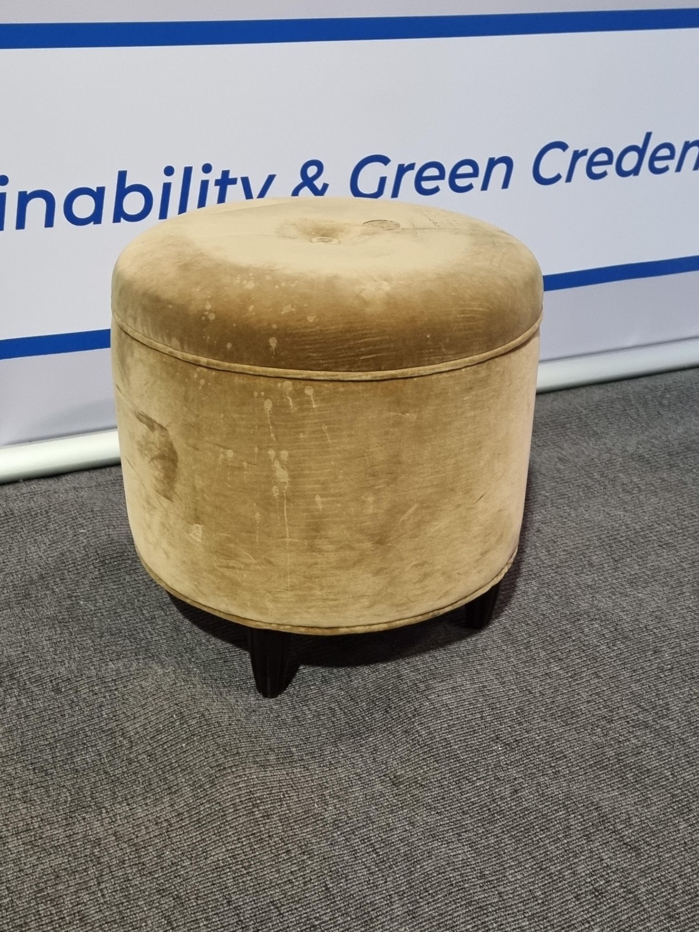 A Pair of Circular drum footstool mahogany legs upholstered in brown 44 x 40cm ( The Beaumont London