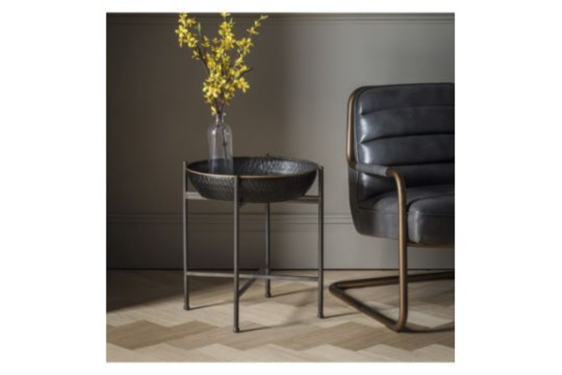 Wesley Side Table This Unusual Side Table Features A Metal Cross Bar Stand That Holds A Deep