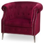 Aubergine Velvet Chesterfield Tub Chair, This Armchair Is A Luxurious Item Of Seating Made Only