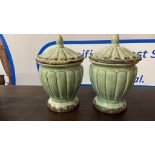 2 x Glazed Ceramic Urns with lid . Beautiful pair of Urns featuring a ridged pattern with a