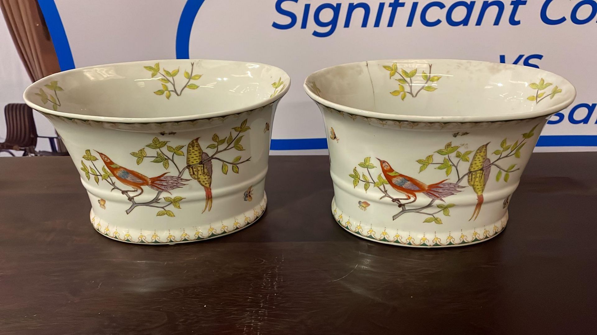 2 x Chinese Asian ovoid form decorative bowls with birds of paradise and butterfiy decoration
