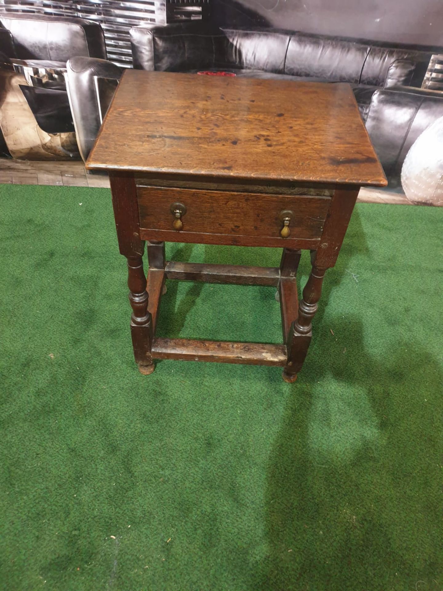 Oak C19th Century, English Carved Side Table with drawer with a plain simple top with a bevelled