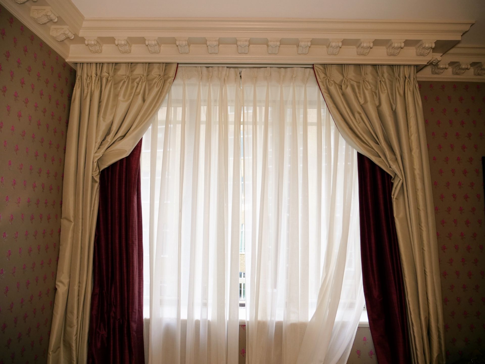 A pair of Silk Custom Hand Woven Silk Drapery gold and burgundy fully lined Buckram curtain headings