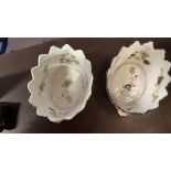 2 x Ceramic oviod form bowls with serated top decroated with masks, birds and flowers 90 (H) X