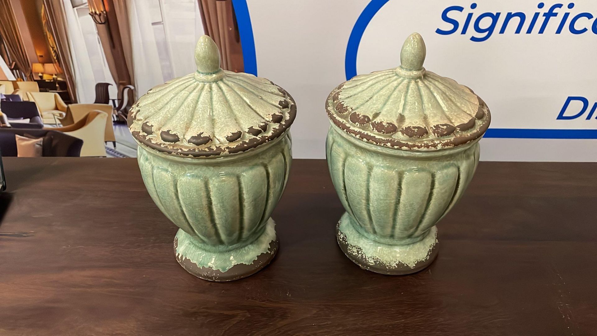 2 x Glazed Ceramic Urns with lid . Beautiful pair of Urns featuring a ridged pattern with a