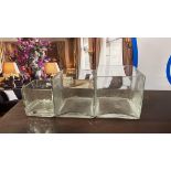 3x Clear Square Handblown Glass Vases as photographed