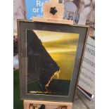 A framed modern seascape Rocks and sea landscape at Sunrise Gold frame 43 x 59cm (broken glass)