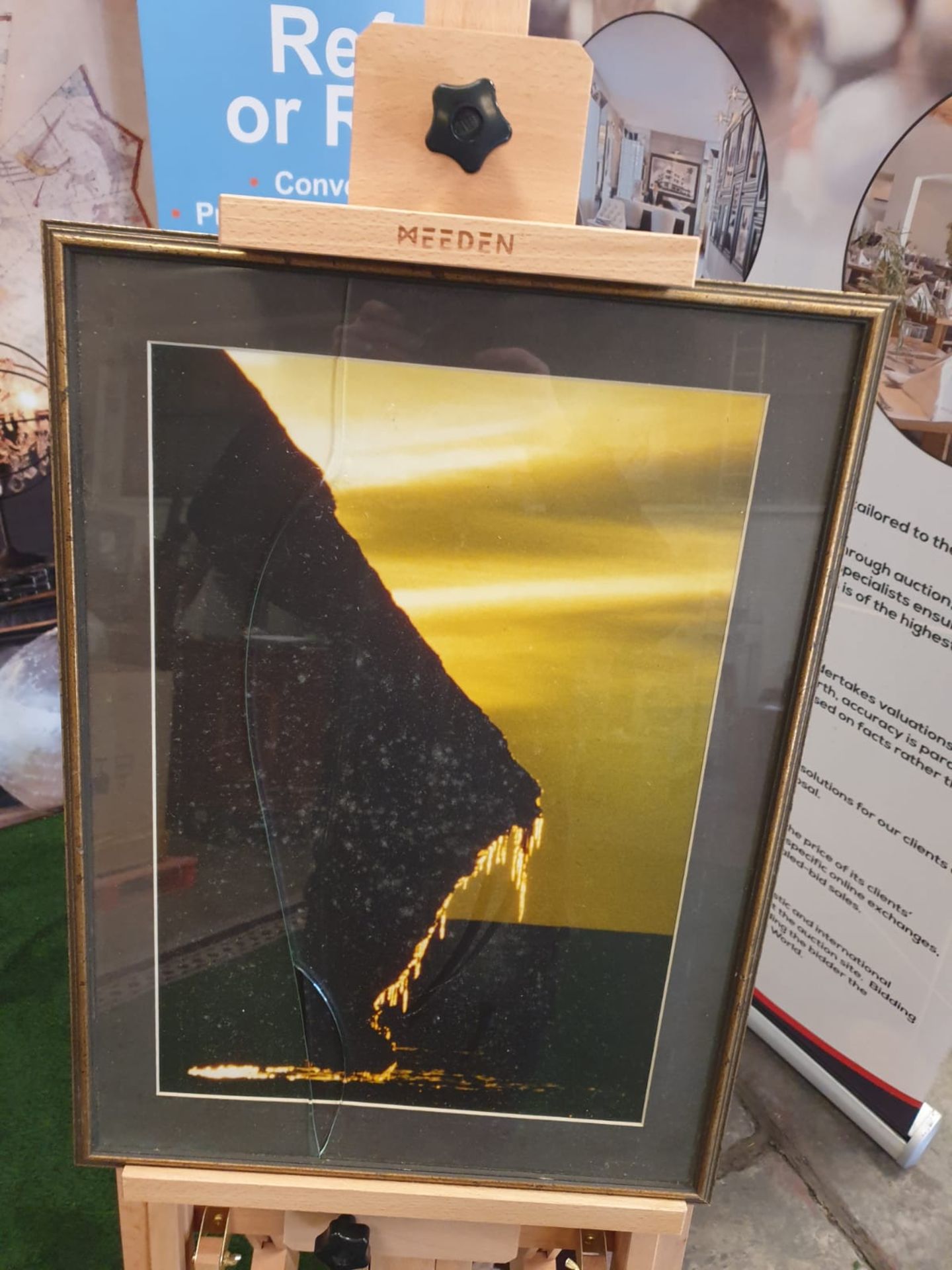 A framed modern seascape Rocks and sea landscape at Sunrise Gold frame 43 x 59cm (broken glass)