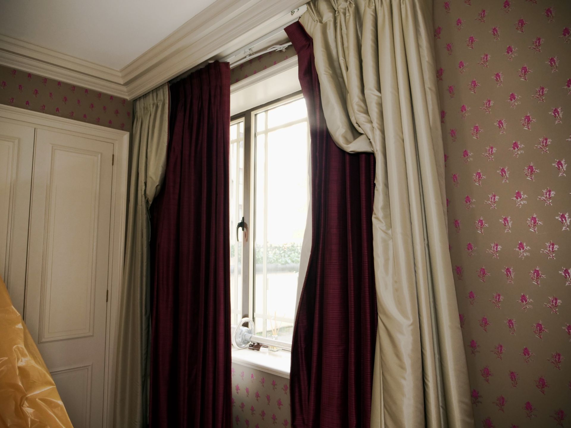 2 x pairs of Silk Custom Hand Woven Silk Drapery gold and burgundy fully lined Buckram curtain